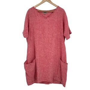 FLAX 100% Linen V-Neck Short Sleeve Pocket Dress Red Melange Women Small